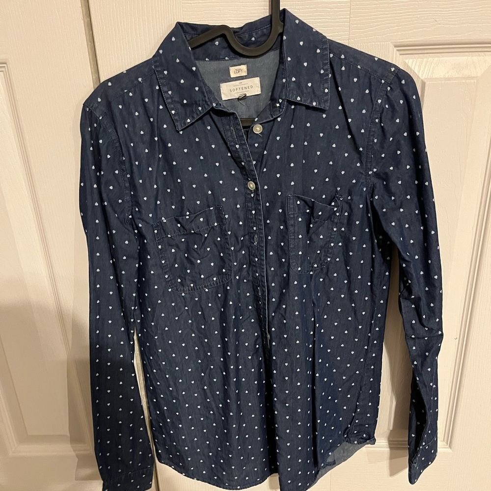 LOFT “The Softened Shirt” - mini heart chambray shirt